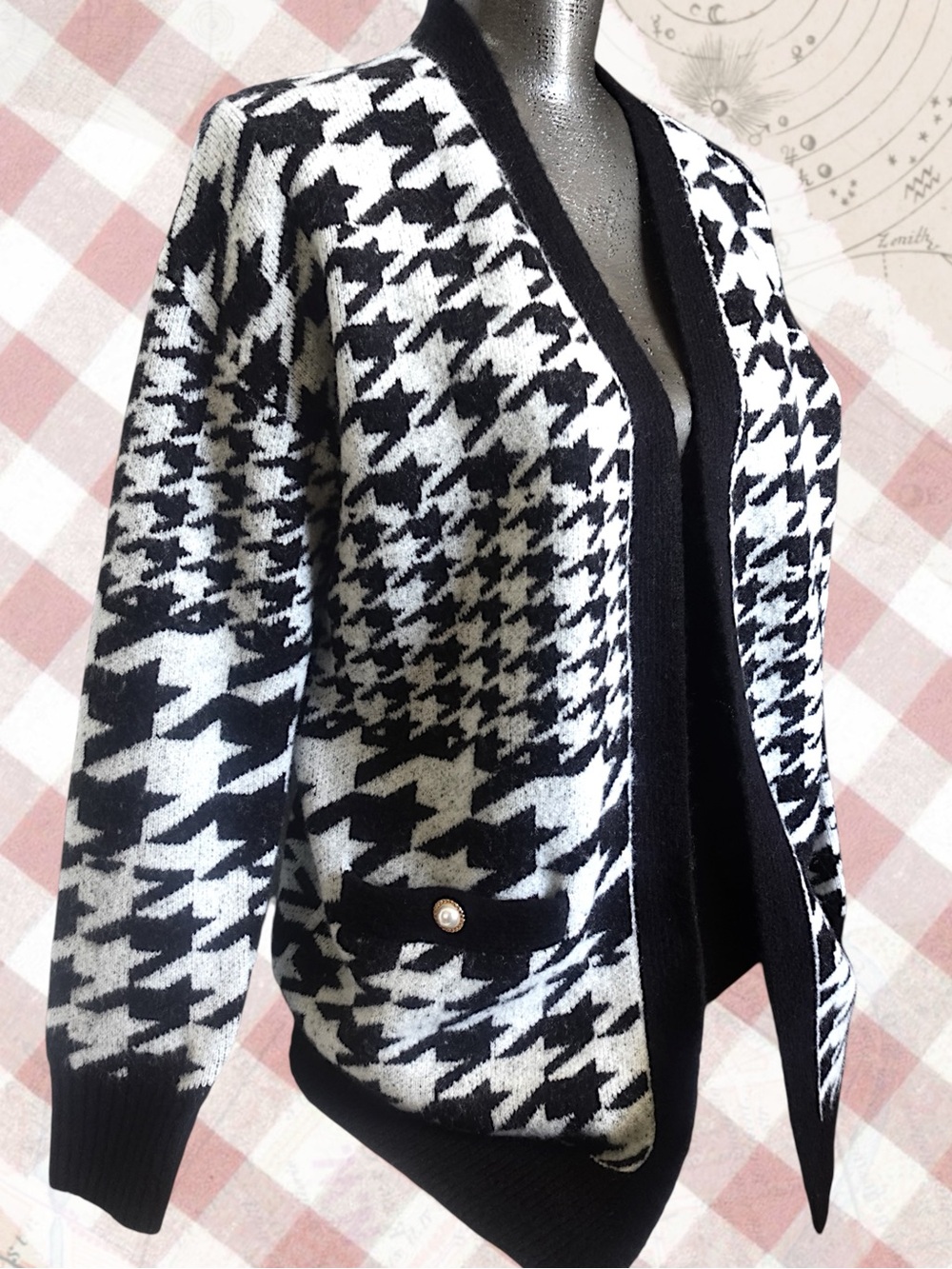 Central Park West Black & White Houndstooth Open Cardigan